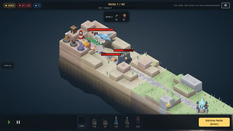 Frostdrache, Golem und Glutfürst greifen die Türme auf der Insel an