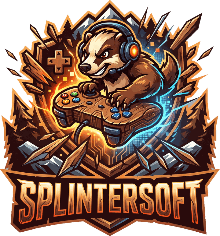 Splintersoft-Logo: ein Dachs mit Headset und Holz-Controller vor gesplittertem Holz und Bergen
